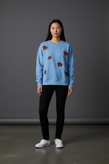 Blue Sweat Shirt With Sequence Leaf's Seasonal
