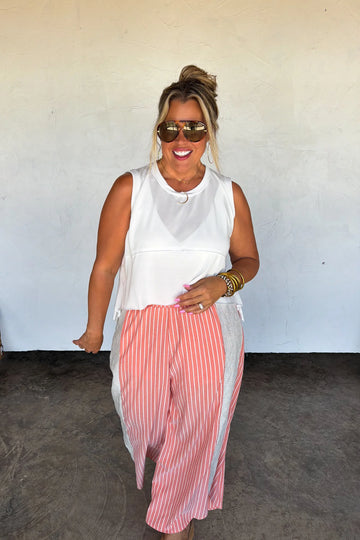 Crinkle Stripe Pants- Coral