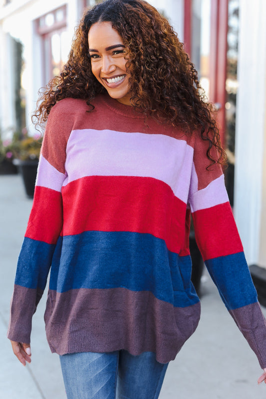 Lock Eyes Lilac Multi-Stripe Ribbed Knit Sweater Pullover - Two Heifers
