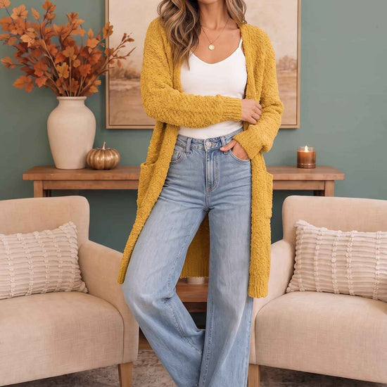 Falling For You Yellow Boucle Longline Cardigan