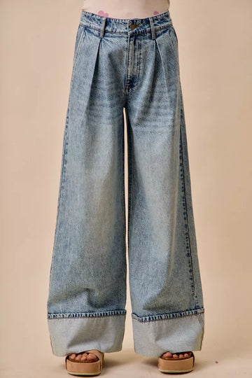SO ME Mid Rise Plated Wid Leg Denim Jean