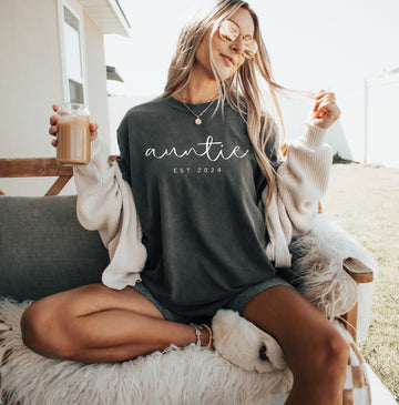 Auntie Personalized Est Year Comfort Colors Graphic Tees (Cursive)
