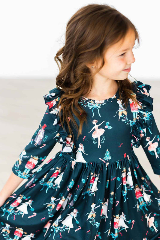 Christmas Ballet 3/4 Sleeve Ruffle Twirl Dress