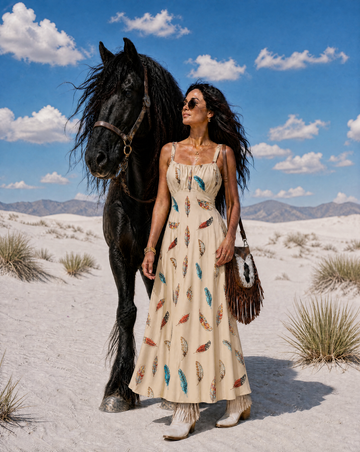 Baha Ranch Country Girl Feather Print High Waist Sun Dress