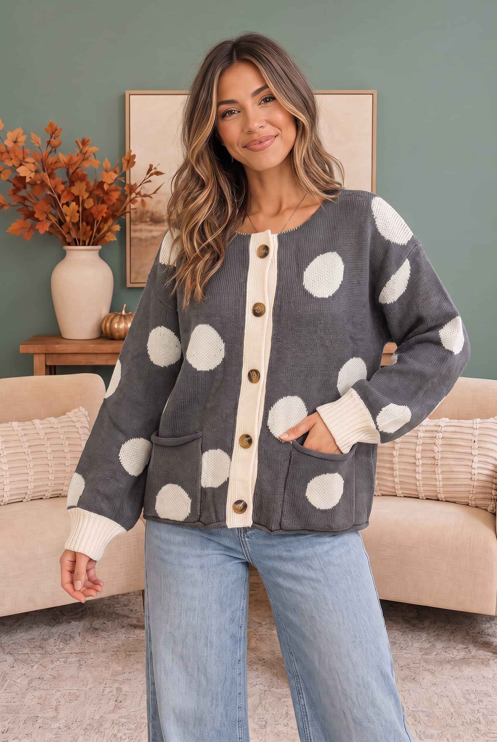 Dotty For You Charcoal Polka Dot Knit Cardigan