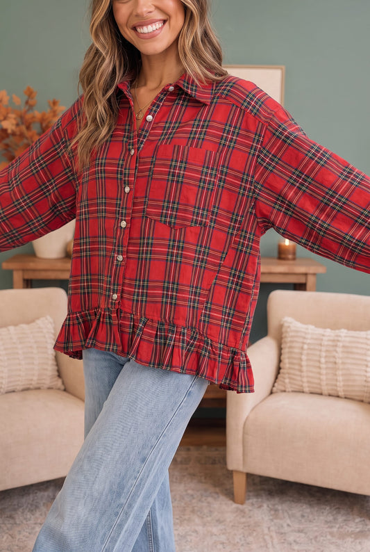 Ruffle the Rules Plaid Flannel Top in Red
