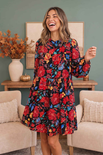 Bold Blooms Long Sleeve Tiered Mini Dress