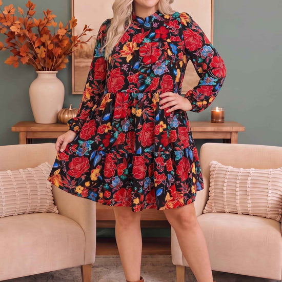 Bold Blooms Long Sleeve Tiered Mini Dress