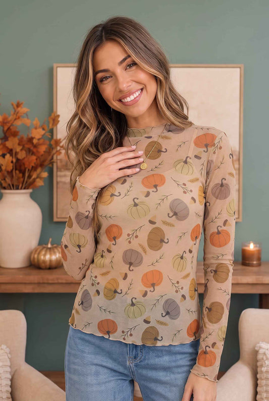 Pumpkin Patch Pretty Mesh Long Sleeve Top