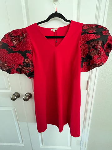 Red V-Neck Puff Sleeve JODIFL Dress