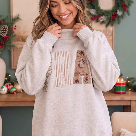 Patchwork Prayers Graphic Sweatshirt in Oatmeal