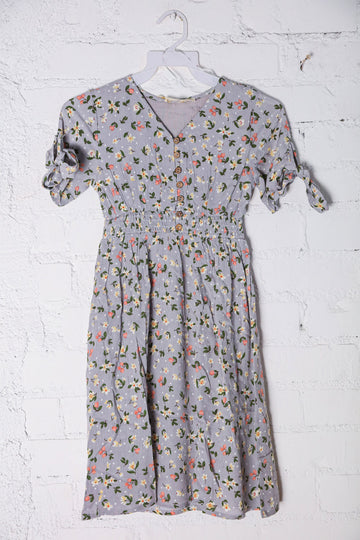 Kids Adorable Blue Smocked Waist Floral Bow Tie Sleeve Dress