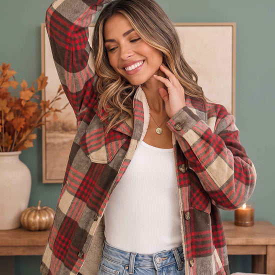 Cozy Plaid Sherpa Lined Shacket in Khaki Red
