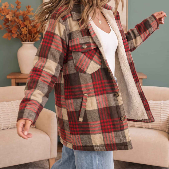 Cozy Plaid Sherpa Lined Shacket in Khaki Red