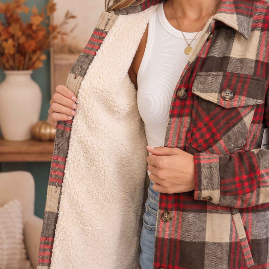 Cozy Plaid Sherpa Lined Shacket in Khaki Red