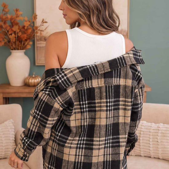 Cozy Plaid Sherpa Lined Shacket in Khaki Black