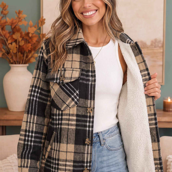 Cozy Plaid Sherpa Lined Shacket in Khaki Black