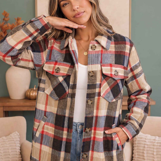 Cozy Plaid Sherpa Lined Shacket in Coffee