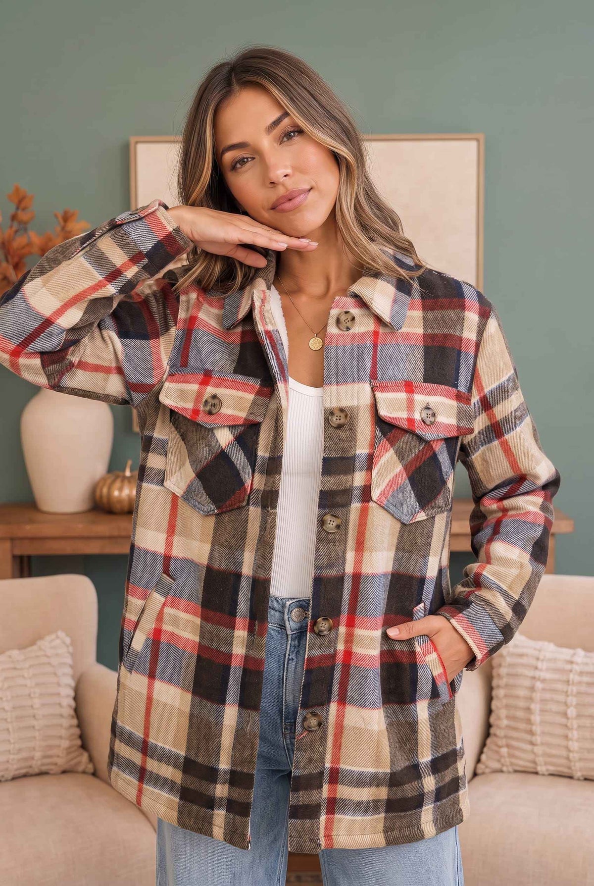Cozy Plaid Sherpa Lined Shacket in Coffee
