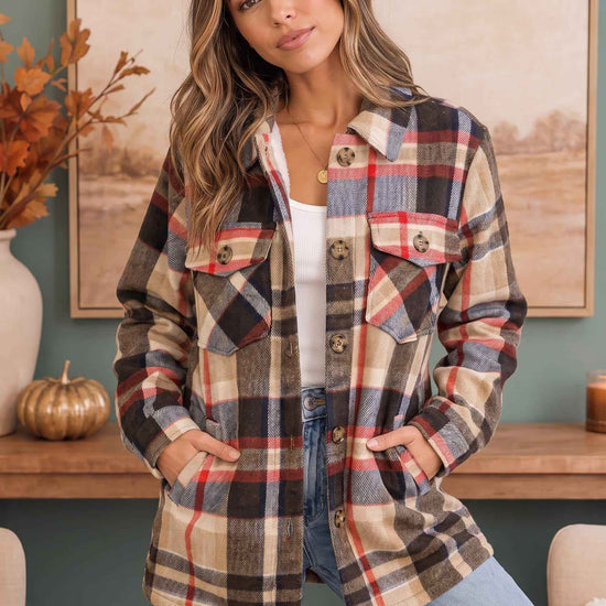 Cozy Plaid Sherpa Lined Shacket in Coffee