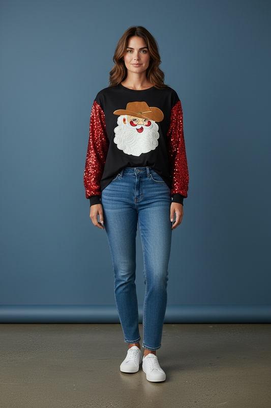 Santa Face Sweater with Red Sequin Sleeves