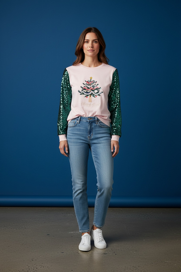 Christmas Merry and Bright Pink Sweater with Green Sequin Sleeves.