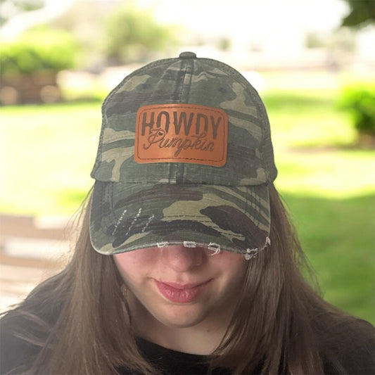 "Howdy Pumpkin" Leather and Camo Cap Fall Seasonal