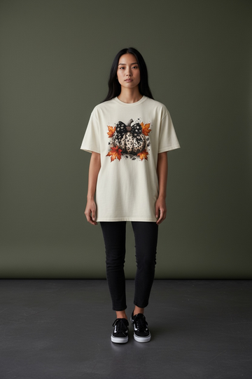 White Leopard Print Pumpkin with Black Bow T-Shirt
