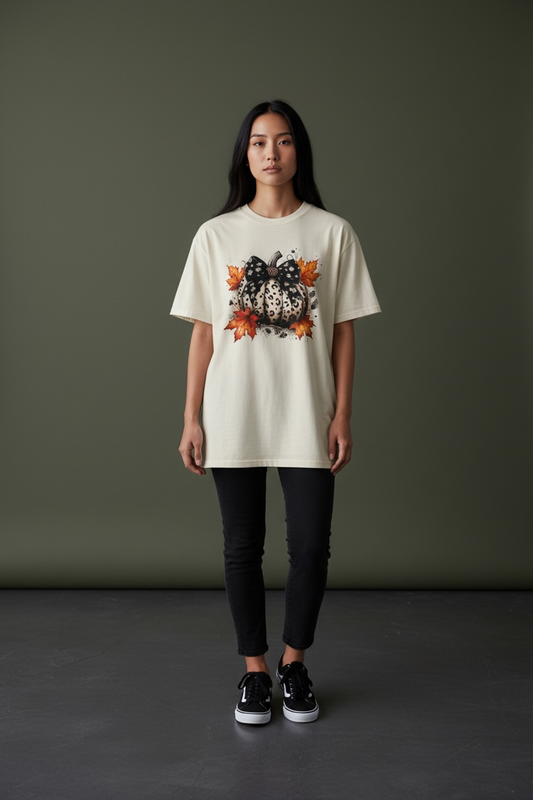 White Leopard Print Pumpkin with Black Bow T-Shirt