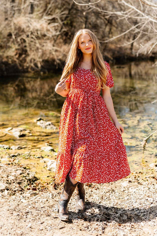 Puff Sleeve Midi Dress, Red Floral