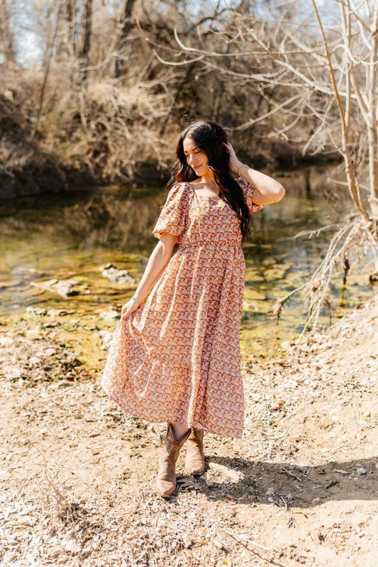Puff Sleeve Midi Dress, Rust Floral