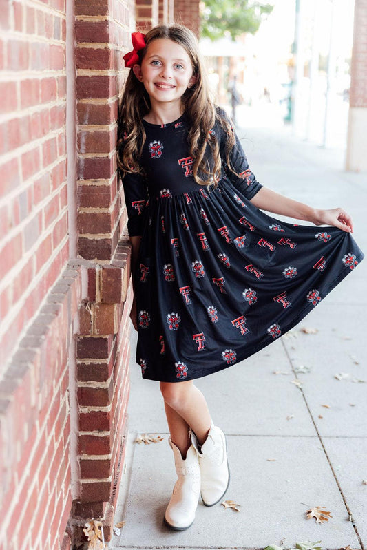 Texas Tech Black Raider Red 3/4 Sleeve Pocket Twirl Dress