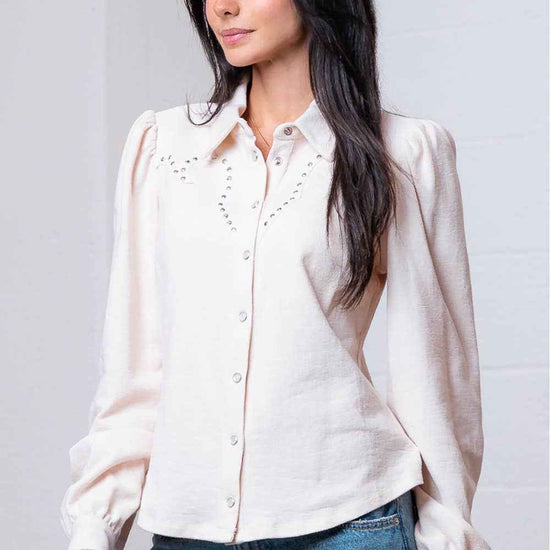 Taelynn "Amarillo" Studded Yoke Western Blouse — Cream Pearl Snap Long Puff Sleeve with Raw Edge Yoke