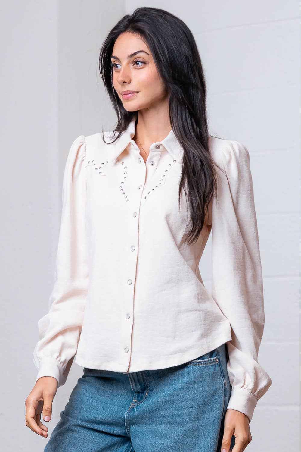 Taelynn "Amarillo" Studded Yoke Western Blouse — Cream Pearl Snap Long Puff Sleeve with Raw Edge Yoke