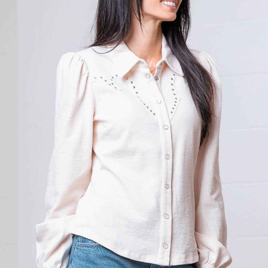 Taelynn "Amarillo" Studded Yoke Western Blouse — Cream Pearl Snap Long Puff Sleeve with Raw Edge Yoke