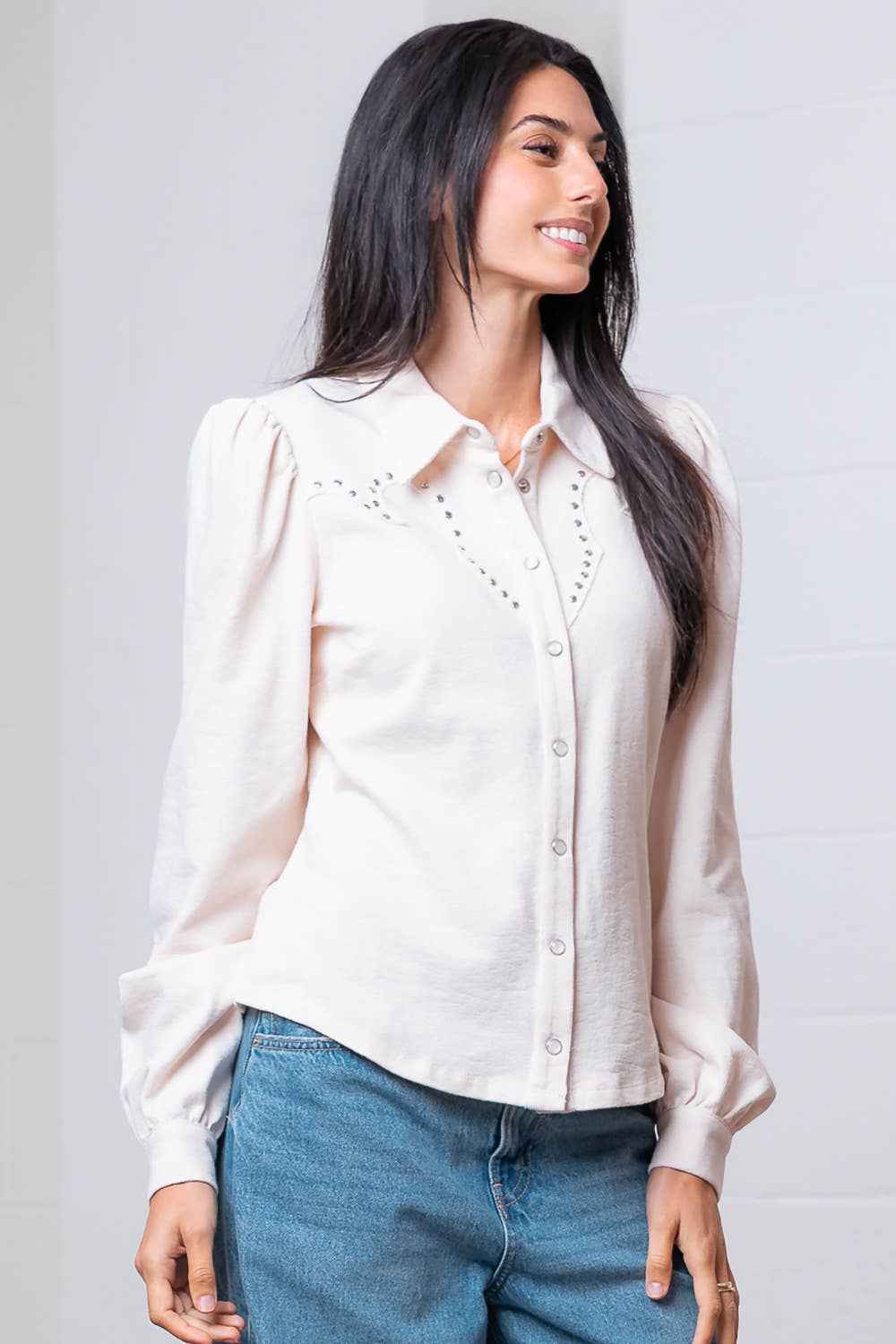Taelynn "Amarillo" Studded Yoke Western Blouse — Cream Pearl Snap Long Puff Sleeve with Raw Edge Yoke