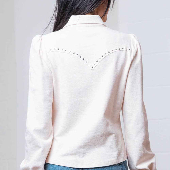 Taelynn "Amarillo" Studded Yoke Western Blouse — Cream Pearl Snap Long Puff Sleeve with Raw Edge Yoke