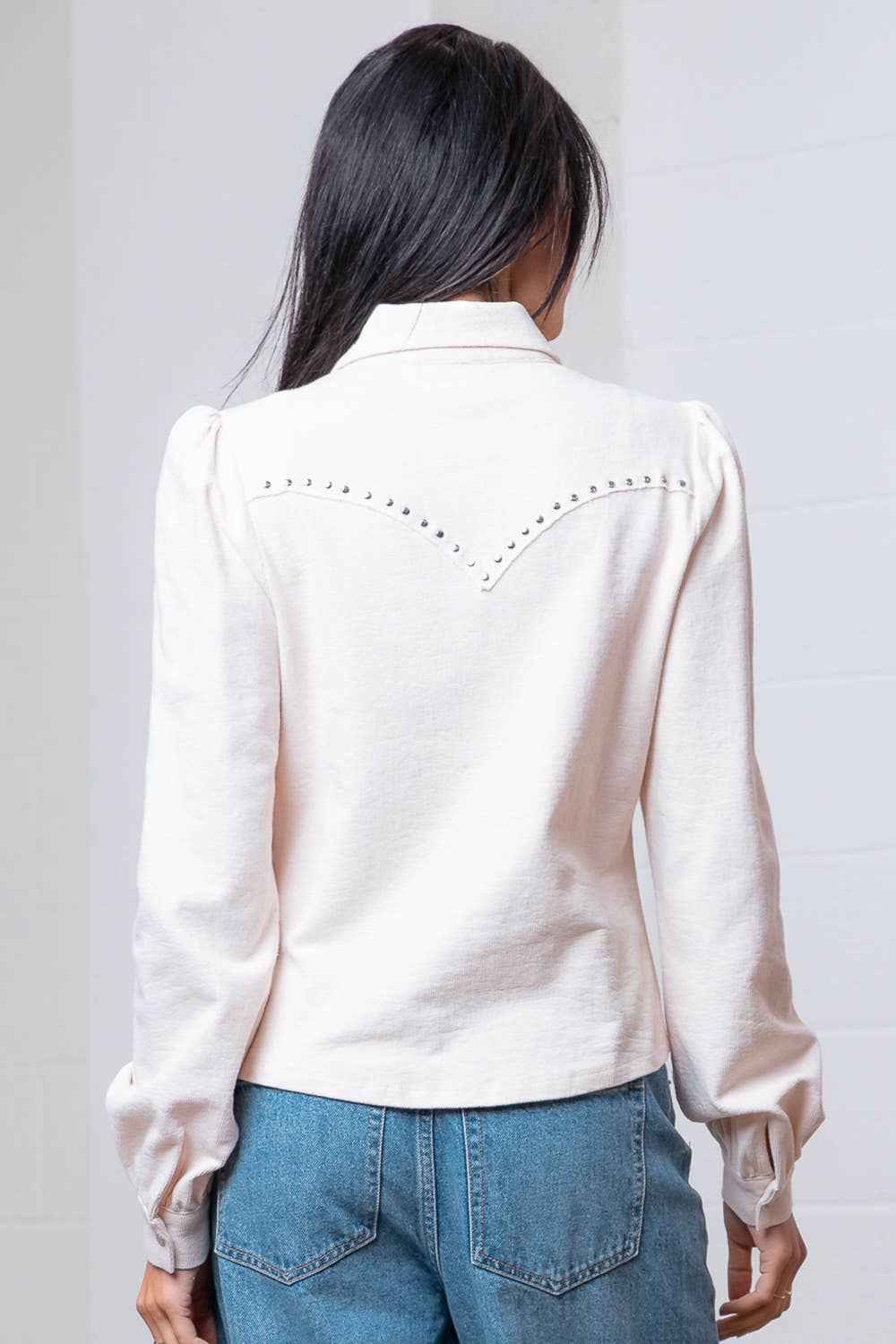 Taelynn "Amarillo" Studded Yoke Western Blouse — Cream Pearl Snap Long Puff Sleeve with Raw Edge Yoke