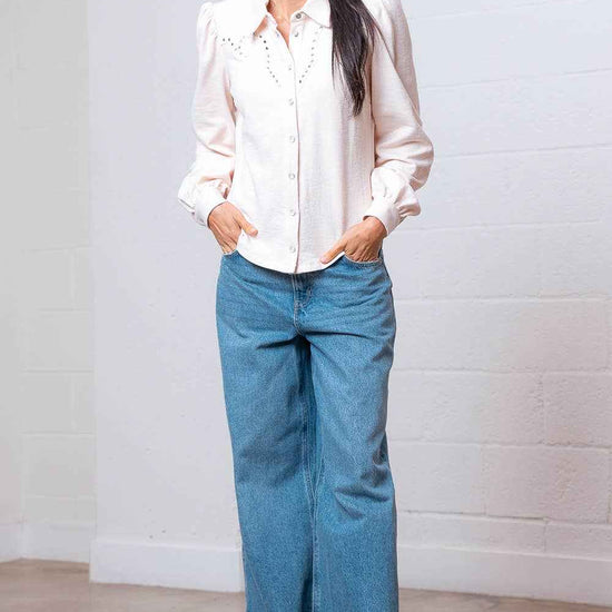 Taelynn "Amarillo" Studded Yoke Western Blouse — Cream Pearl Snap Long Puff Sleeve with Raw Edge Yoke