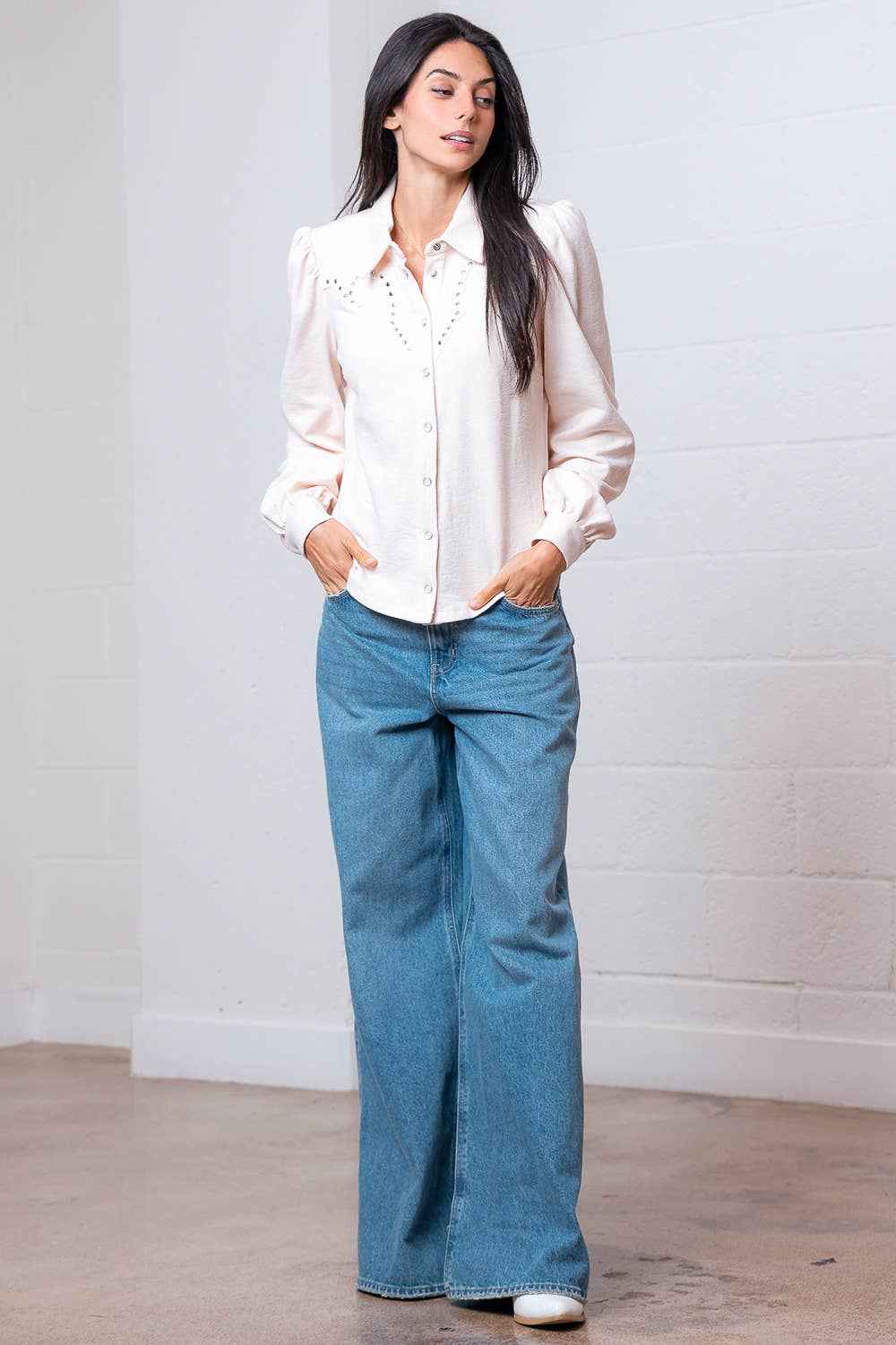 Taelynn "Amarillo" Studded Yoke Western Blouse — Cream Pearl Snap Long Puff Sleeve with Raw Edge Yoke