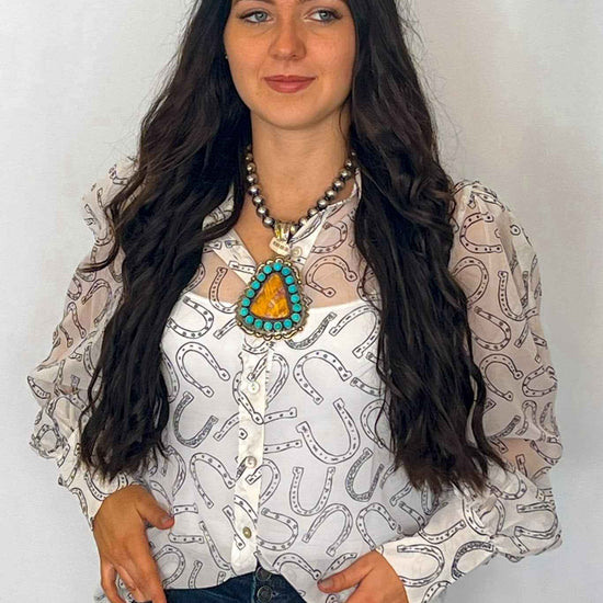 Turquoise Haven Sheer Chiffon Horseshoe Print Western Blouse — Black & White Lightweight Layering Top (Small and Large remaining)