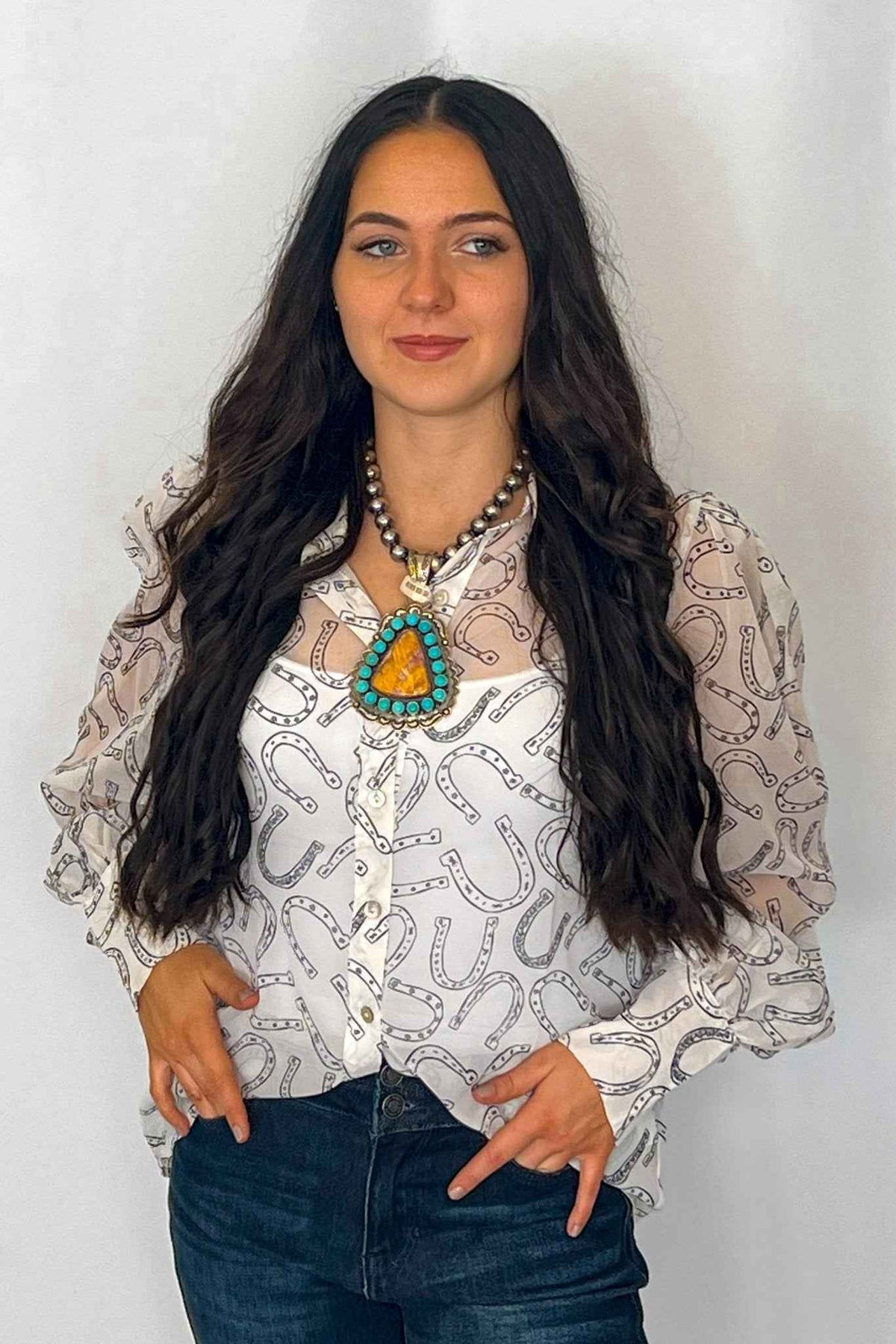 Turquoise Haven Sheer Chiffon Horseshoe Print Western Blouse — Black & White Lightweight Layering Top (Small and Large remaining)