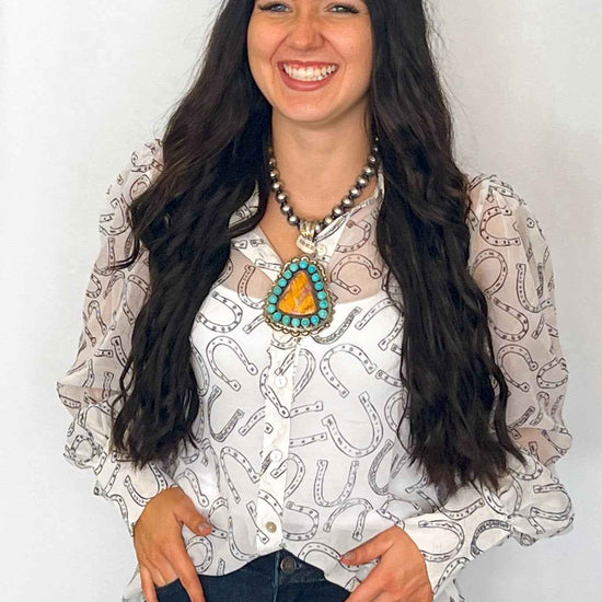 Turquoise Haven Sheer Chiffon Horseshoe Print Western Blouse — Black & White Lightweight Layering Top (Small and Large remaining)