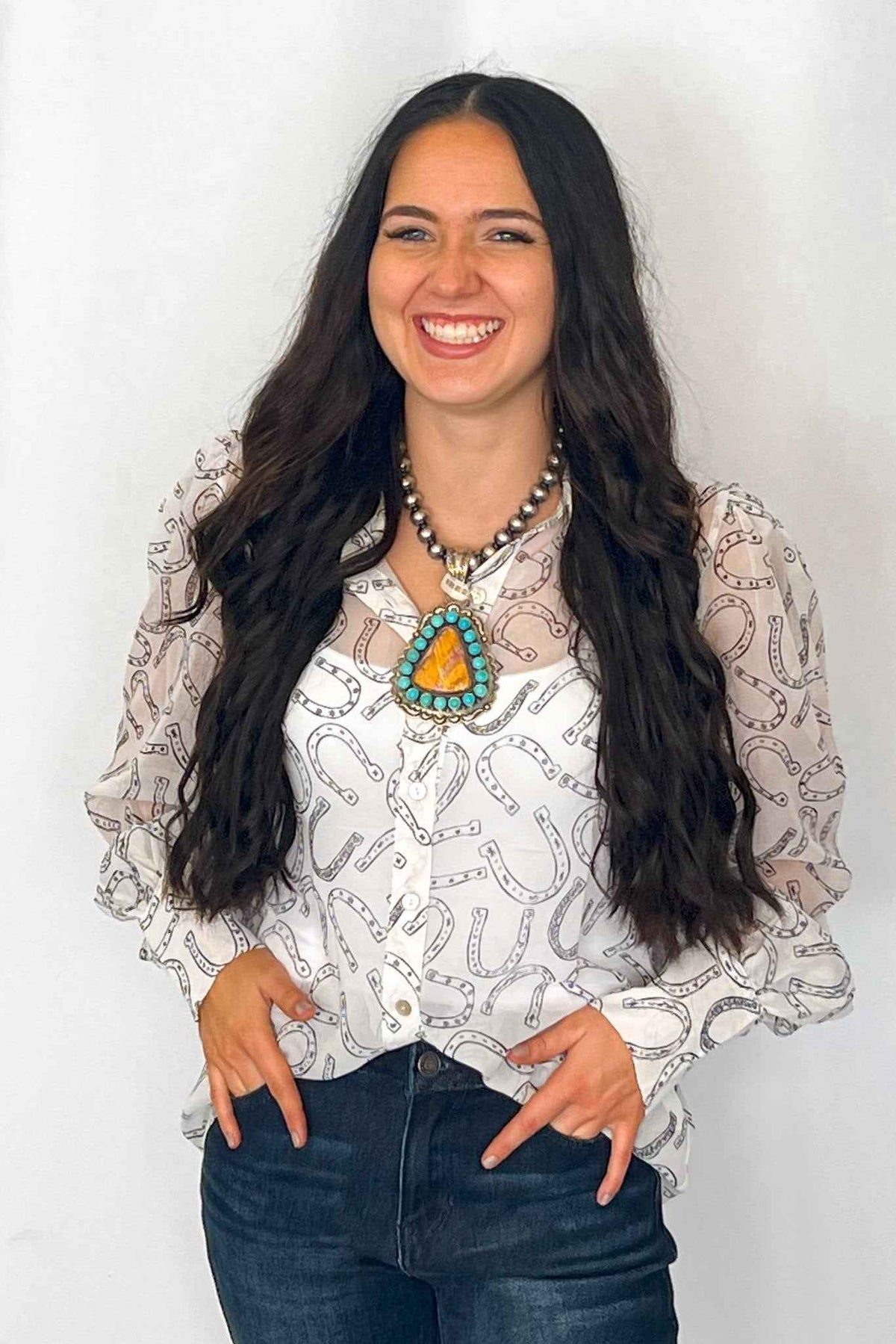 Turquoise Haven Sheer Chiffon Horseshoe Print Western Blouse — Black & White Lightweight Layering Top (Small and Large remaining)
