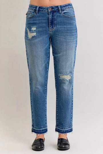 Judy Blue Full Size Mid Rise Bf Patch & Repair Destroy Release Hem Jeans Plus Size