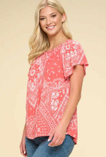 Oddi Paisley Printed Boat Neckline Western Top — Ruffled Short Dolman Sleeves Feminine Layering Piece