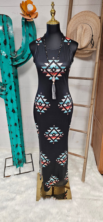 Baha Ranch Southwestern Aztec Sleeveless Bodycon Side Slit Western Maxi Dress