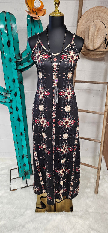 Baha Ranch Black and Tan Southwestern Aztec Western Maxi Dress