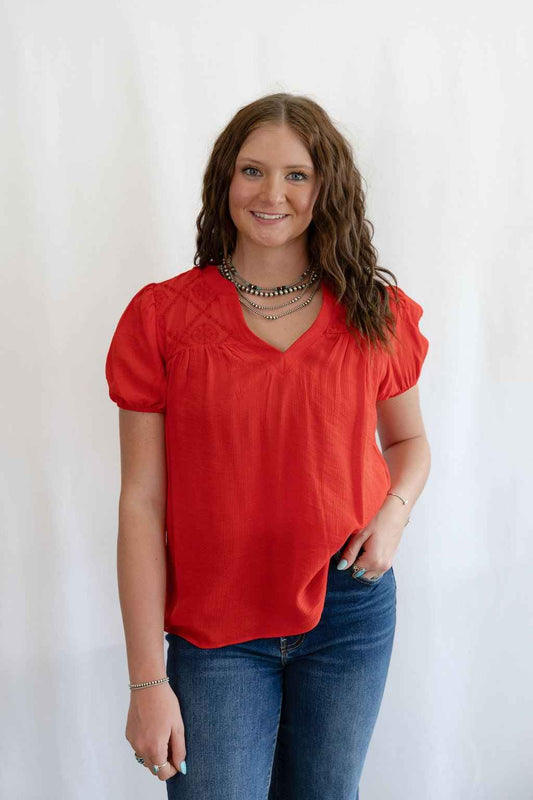 Blu Pepper "Scarlette" Red Eyelet Puff Sleeve Western Top — Split Neckline with Embroidered Eyelet Detail