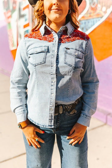 LUCKY & BLESSED Stone Wash Red Yoke Denim Western Button-Down Shirt — Premium Embroidered Cowgirl Statement